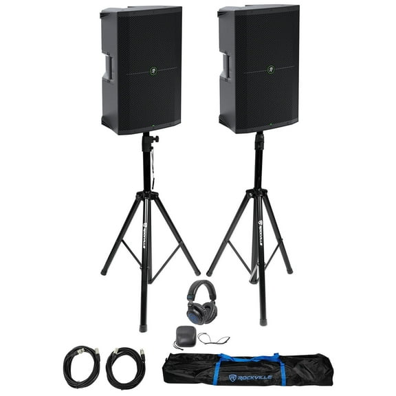 DJ Package w/ (2) Mackie Thump215 15" 1400w Powered Speakers Stands Headphones