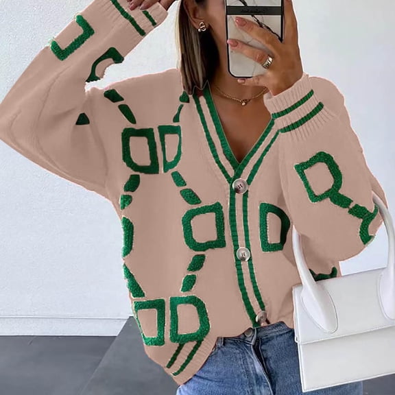 Delayuji Womens Sweater Fashion Casual Button Down Cardigan Sweater Green Line Pattern Long Sleeve Loose Outwear Coat Spring Clothes