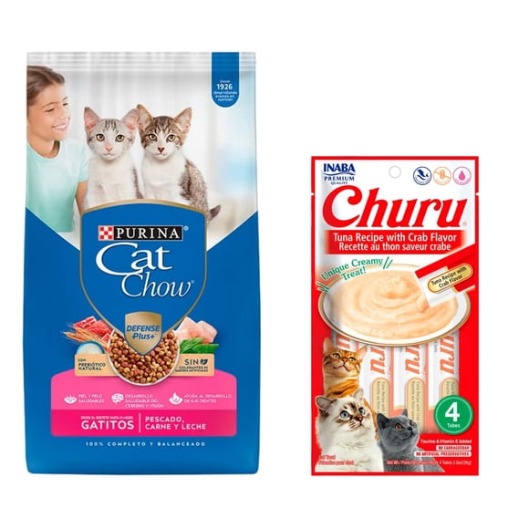 Cat Chow Gatitos Pescado Carne y Leche Defense Plus 7.5 kg + Churu Atún con Cangrejo Sobre con 4 Tubos de 14 g