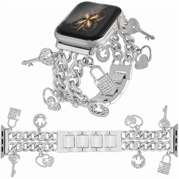 Cuban Chain Band Compatible with Apple Watch Bands 38/40/41/42/44/45 46 49mm Women,Bling Diamond Chain Dressy Metal Wristband Cute Charms Pendants for iWatch Series 10 9 8 7 6 5 4 3 SE Ultra