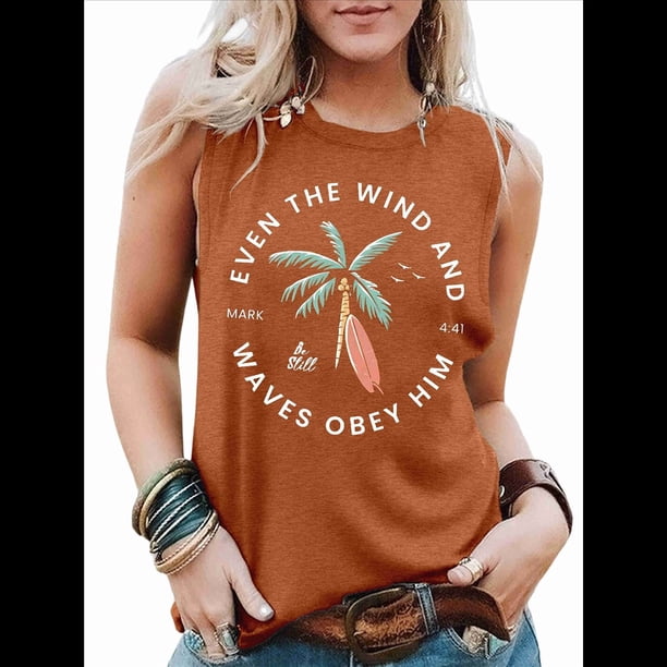 Camiseta de Tirantes de Playa de Verano para Mujer, Chaleco Naranja Quemado (Imagen A Color y Letras Blancas) S