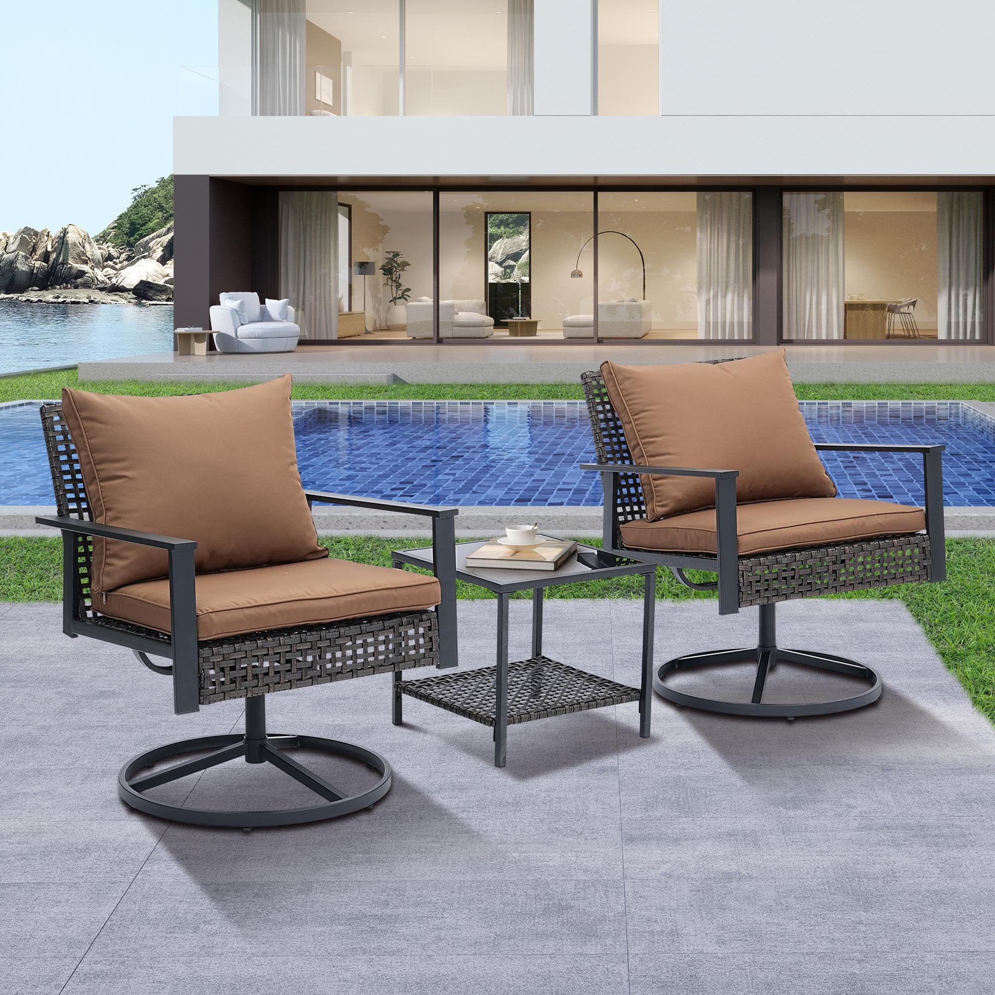 Ainfox Outdoor Sectional Conversation Set, Rattan Chairs with Ottoman, Perfect for Lawn & Backyard - 3 Pieces