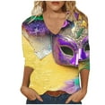 thumbnail image 2 of Cavosen Carnival Day Ladies Tops and Blouses 3/4 Sleeve V Neck Festival Mardi Gras Blouse Mask Graphic Print Tops Holiday Stylish Shirts Loose Athletic Tees Party Shrove Tuesday T-Shirts L, 2 of 4