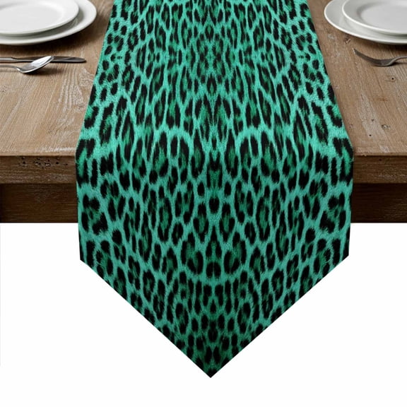 Green Leopard Print Table Runner Linen Burlap Table Runner 72 Inches Long Farmhouse Abstract Animal Patterned Dresser Scarves for Kitchen Island Coffee Dining Room Party Wedding Holiday Decor 14"x72"