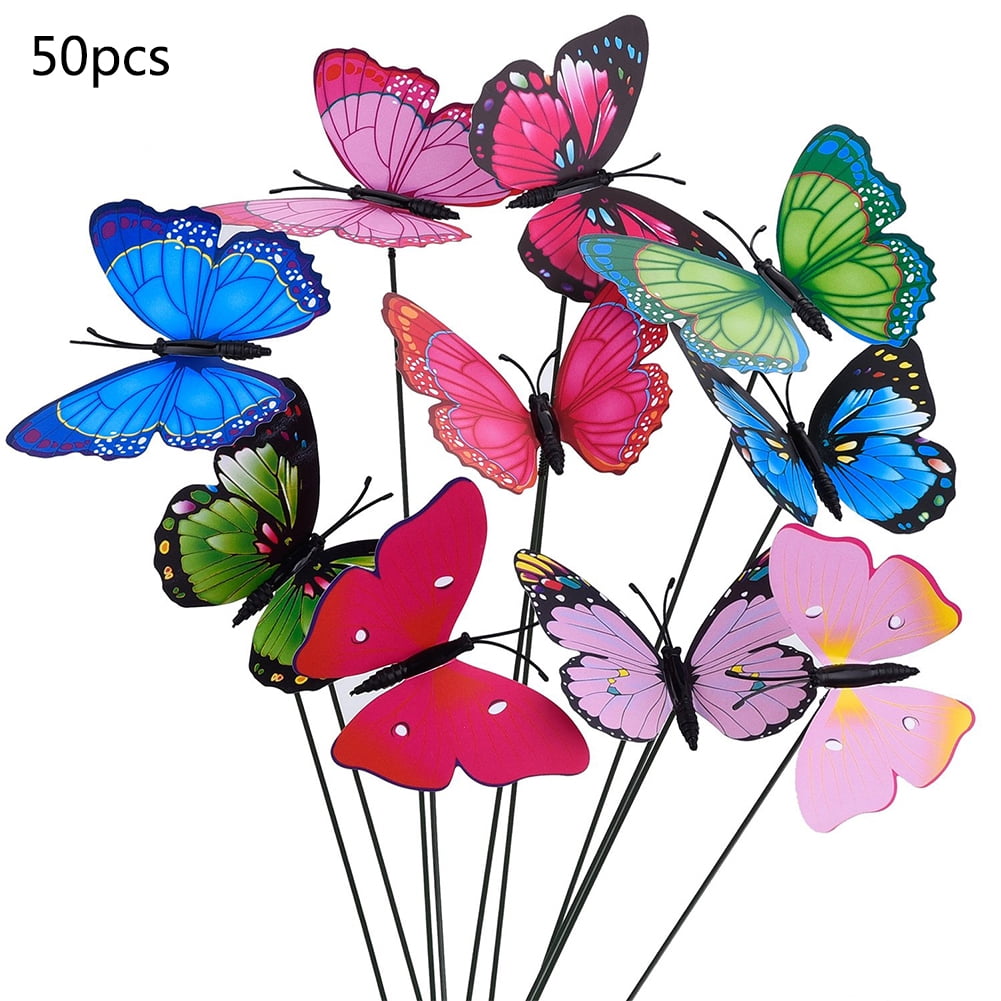 10Pcs Colourful Garden Plastic Butterflies On Sticks With Butterfly Bookmark 