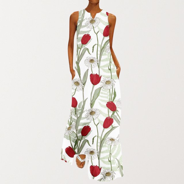SMihono Robe Maxi Bohème d'Été pour Femmes Grande Taille Fête de l'Indépendance Mode pour Femmes Col en V Sans Manches Soirée d'Été Fête Imprimée Poches pour Dames Gilet Longue Robe Plage Évasée Robe d'Été