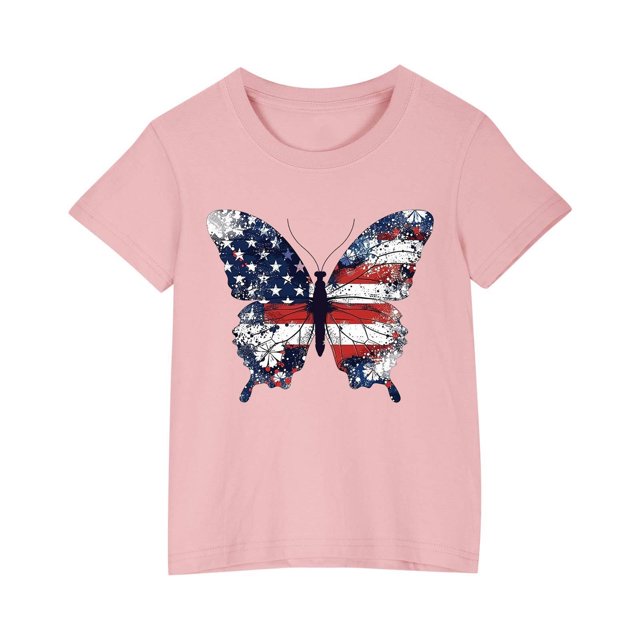Vestido Corto de Verano Niños Niños Niñas Camiseta de Algodón Cuello Redondo Lindo Día de la Independencia Imprimir Top