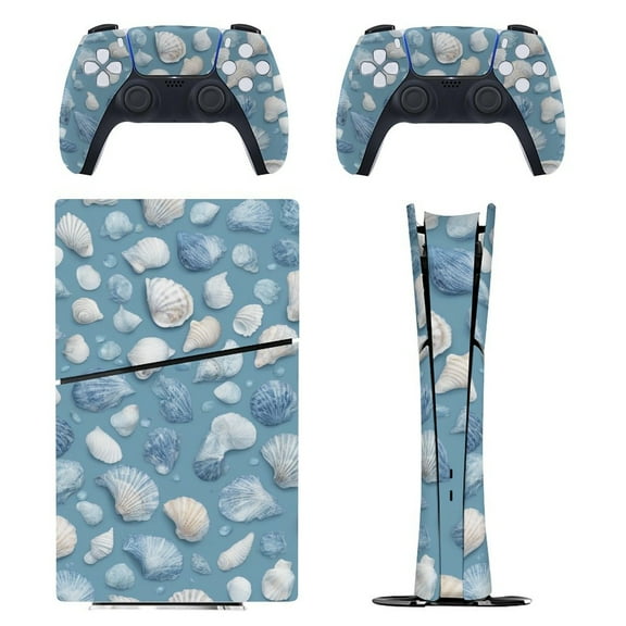 Skin Sticker for PS5 Slim Standard PS5 Pro Disc Digital Edition Console and Controllers Decals for Playstation 5 (Blue Seashell,PS5 Slim Disc Edition)