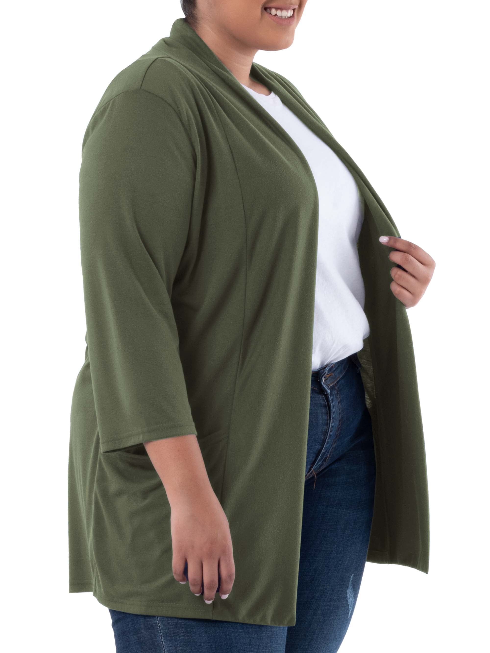 Wright's Women's Plus Size 3/4" Sleeve Draped Open Front Jersey Pocket Cardigan, 1X-5X