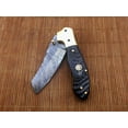 thumbnail image 2 of 8" Tanto blade folding knife, Natural Ram horn scale, Hand forged Twist Pattern Damascus steel, Equipped with Thumb pin & liner lock, Cow hide Leather sheath included, 2 of 7