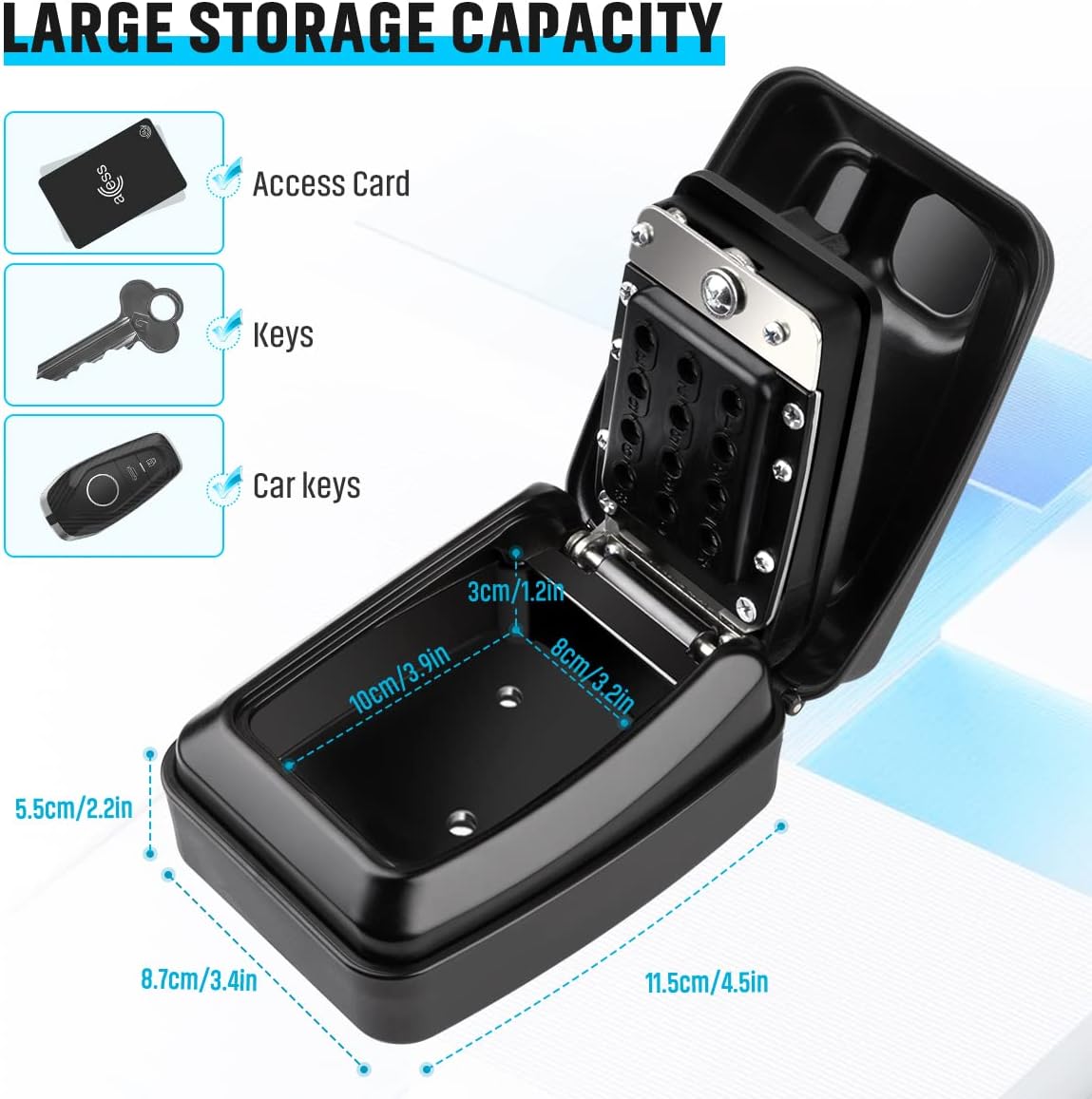 Key Lock Box for Outside, Waterproof Wall Mount Key Lock Box for House Key, 12-Digit Combination Resettable Large Capacity Security Lockbox for Home, Garage, Office,Black
