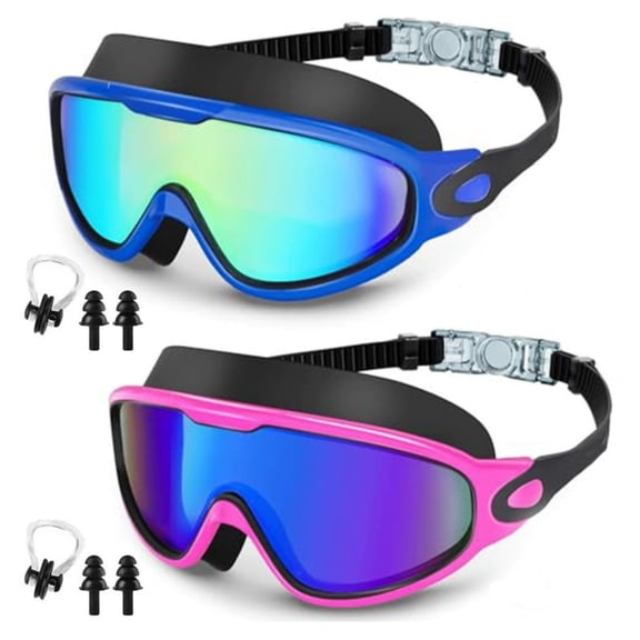 XINGXIANG Swim Goggles 2 Pack for Adult, Anti Fog Full-Coverage Goggles with Ear Plugs, Pool Goggles No Leaking Swim Glasses for Men Women Youth