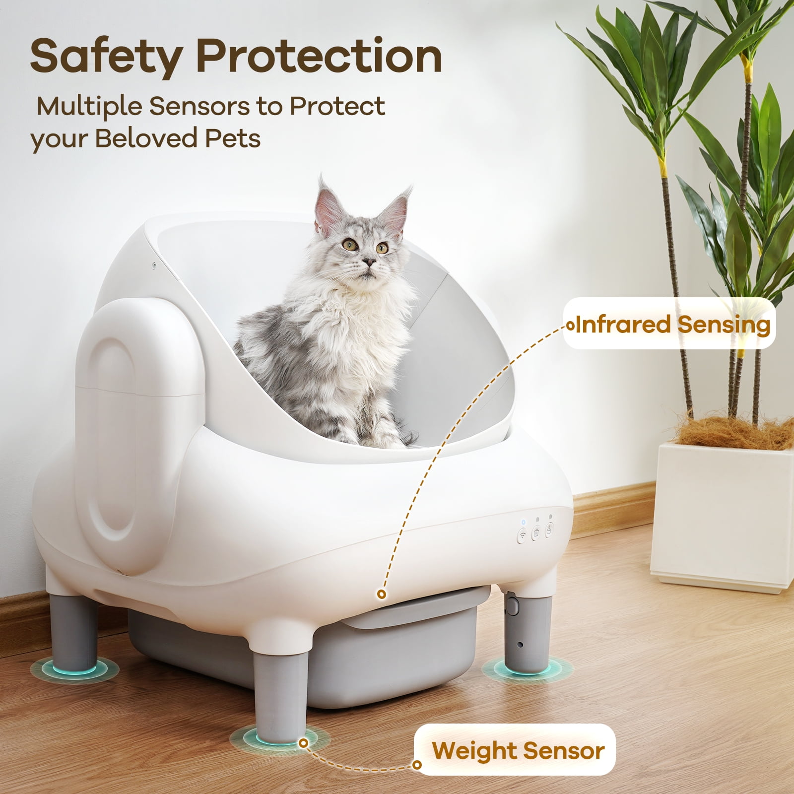 Self Cleaning Litter Box, 95 L Automatic Cat Litter Box Self Cleaning for Multiple Cats, with Safety Protection, App Control,1 Roll Garbage Bags,White