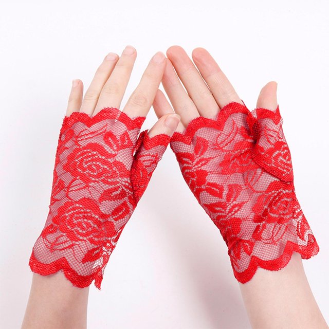 Xfvqtps Gants Sans Doigts en Dentelle pour Femmes Robes de Mariée Décorations de Fête de Danse Gants Élastiques Respirants Rouges