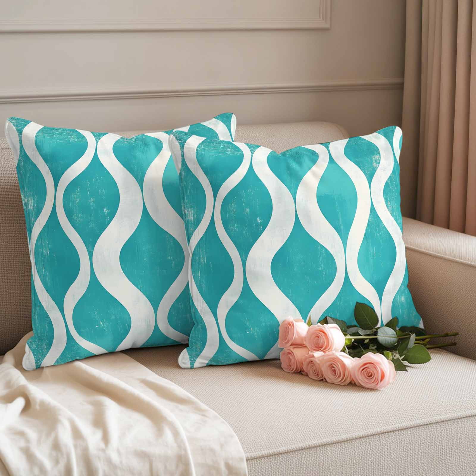 Pack of 2 Outdoor Pillow Covers,Waterproof Teal Wave Throw Pillow Covers,Modern Abstract Art Farmhouse Decorative Pillowcases Cushion Covers for Patio Garden Couch Pillow Sham Protector 20x20 Inch