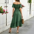 thumbnail image 4 of ClodeEU Women's Off Shoulder Puff Short Sleeve Waist Tie Irregular Midi Dress,Casual Summer Swing Dress Green,Women's Plus XXXL, 4 of 7
