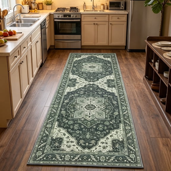 WANLISELL 2ft x 6ft Hallway Runner Rug, Non-Slip Machine Washable Vintage Floral Area Rugs, Soft Indoor Carpet for Bedroom, Dark Green