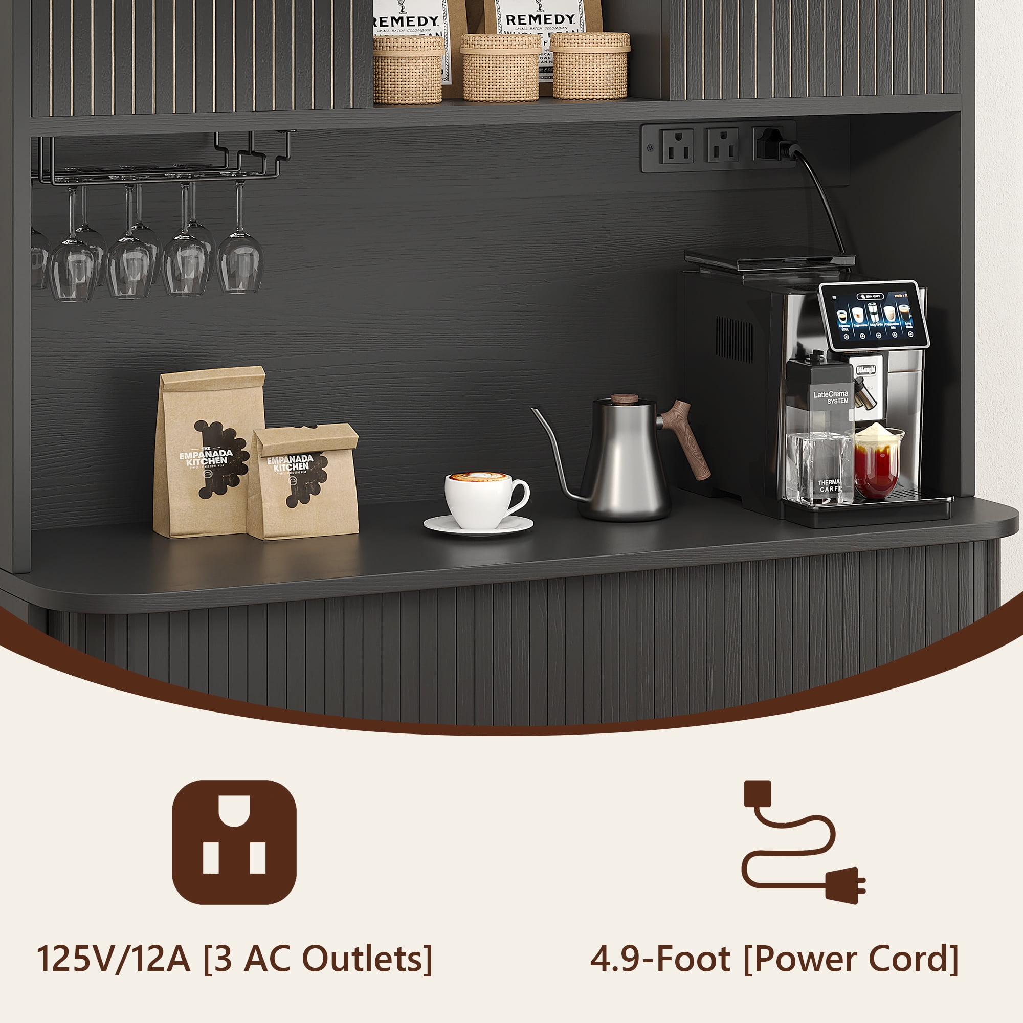 Laintene 39" W Kitchen Pantry Cabinet with Sliding Doors, Tall Storage Cabinet with Charging Station & Adjustable Shelves, Modern Bar Cabinet with Wine Rack for Dining Living Room, Black