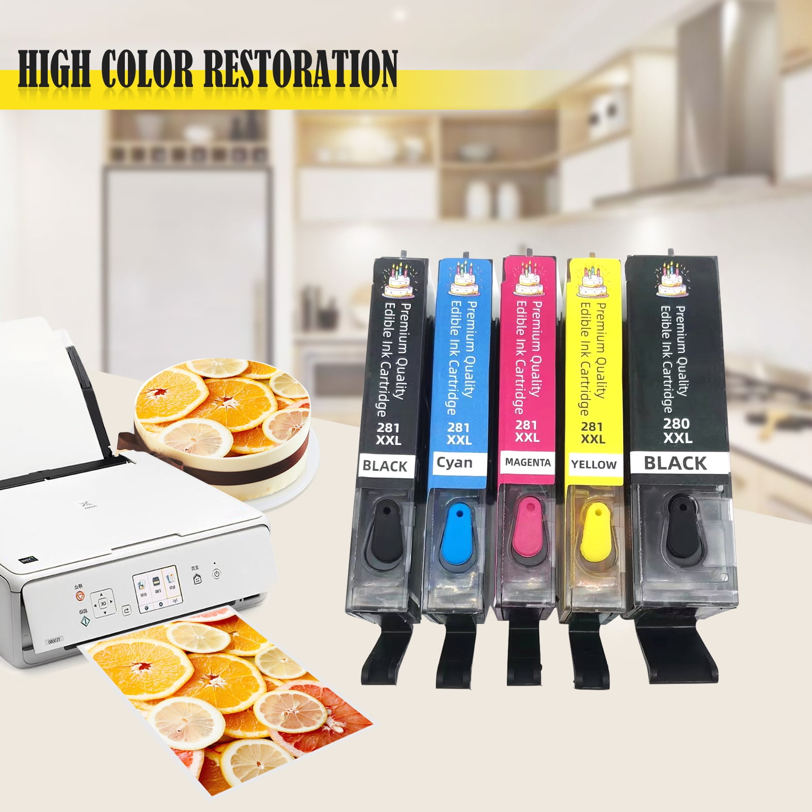 Premium Edible Ink Cartridges 280/281 XXL, Compatible with Canon Printers, 5-Color Set for Cake and Food Printing