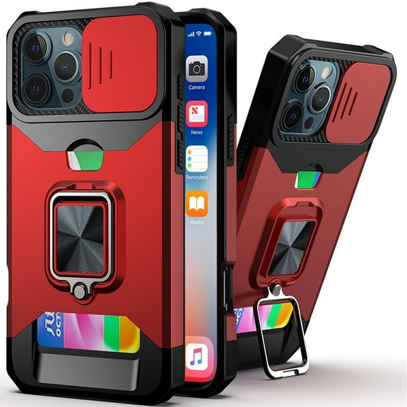For Apple iPhone 16 Pro (6.3") Wallet Case with Ring Stand & Slide Camera Cover Credit Card Slot Holder, Military Grade Cover ,Xpm Phone Case [ Red ]