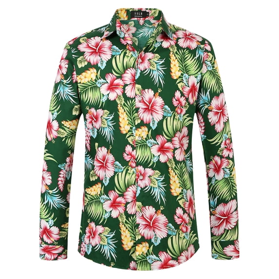 SSLR Hawaiian Shirts for Men Dress Shirt Button Down Shirt Floral Long Sleeve Shirt