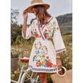 thumbnail image 6 of Women'S V-Neck Floral Print Bell Sleeve Elastic Waist Dress Casual Mini Dress White L, 6 of 9