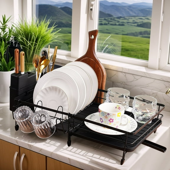 Lumikrypt Retractable Dish Drying Rack, Dish Drainer with Drainboard Set and Utensil Holder, Expandable Rust-Proof Dish Rack for Kitchen Counter