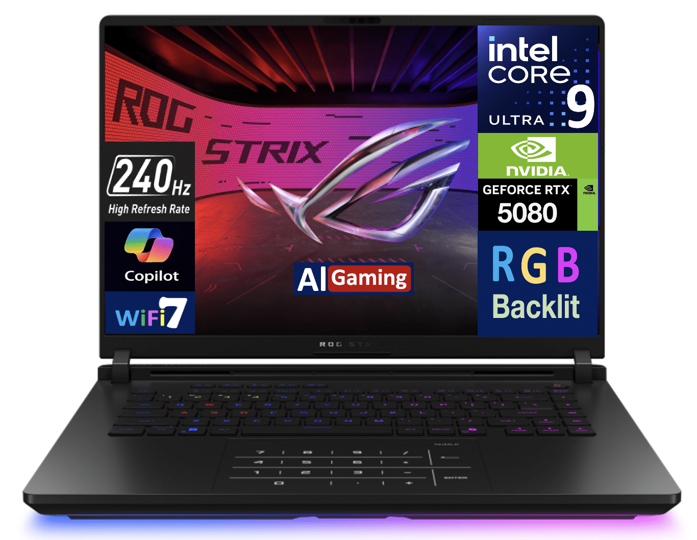 ASUS ROG Strix AI Gaming Laptop 16.0in 240Hz Mini LED WQXGA Display (Intel Ultra 9- 275HX, GeForce RTX 5080 16GB, 32GB DDR5, 2TB SSD, RGB KB, 2 Thunderbolt 5, WiFi 7, Win 11 Pro) w/Premium Backpack