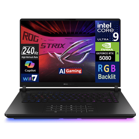 ASUS ROG Strix AI Gaming Laptop 16.0in 240Hz Mini LED WQXGA Display (Intel Ultra 9- 275HX, GeForce RTX 5080 16GB, 64GB DDR5, 2TB PCIe SSD, RGB KB, 2 Thunderbolt 5, WiFi 7, Webcam, Win 11 Pro)