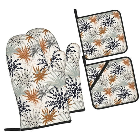 

Honeii Tropical Leaves Pattern Oven Mitts and Pot Holders Silicone Oven Gloves 500 F Heat Resistant Oven Mitts Sets 4PCS
