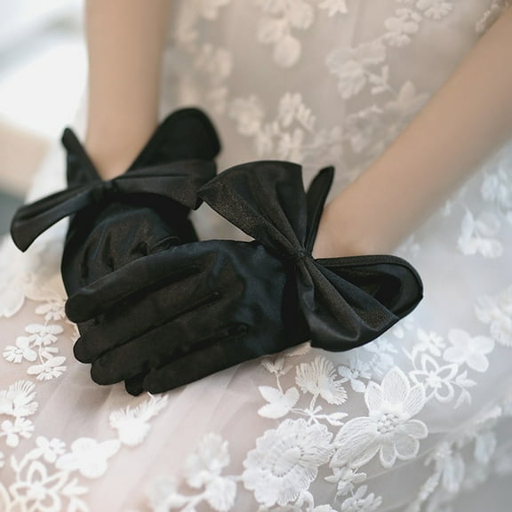 D-GROEE Satin Wedding Gloves 1 Pair Women Gloves Satin Bow Decor Solid Color Fiver Fingers Vintage Soft Anti-slip Breathable Bride Wedding Prom Banquet