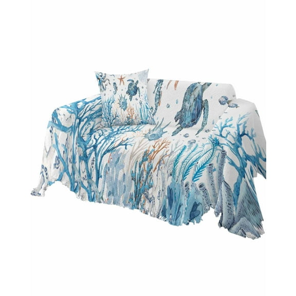 Sea Turtle Sofa Couch Covers for Dog,Washable Sectional Couch Slipcovers for Loveseat with Tassels,Blue Ocean Beach Coastal Coral Starfish Non Slip Sofa Throw Cover Blanket Large 71''x102''