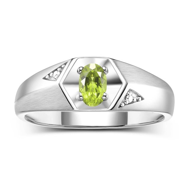 Rylos Sterling Silver Classic 6X4MM Oval Peridot & Diamond Ring - Birthstone Jewelry for Men -Size 9