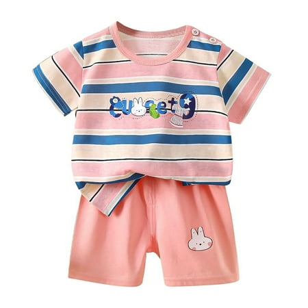 XUELUO Kids Boys Casual Outfit Sets Summer Cartoon Print Crew Neck Short Sleeve Tshirts Tops And Shorts 2 Piece Activewear Pink 5-6 Years