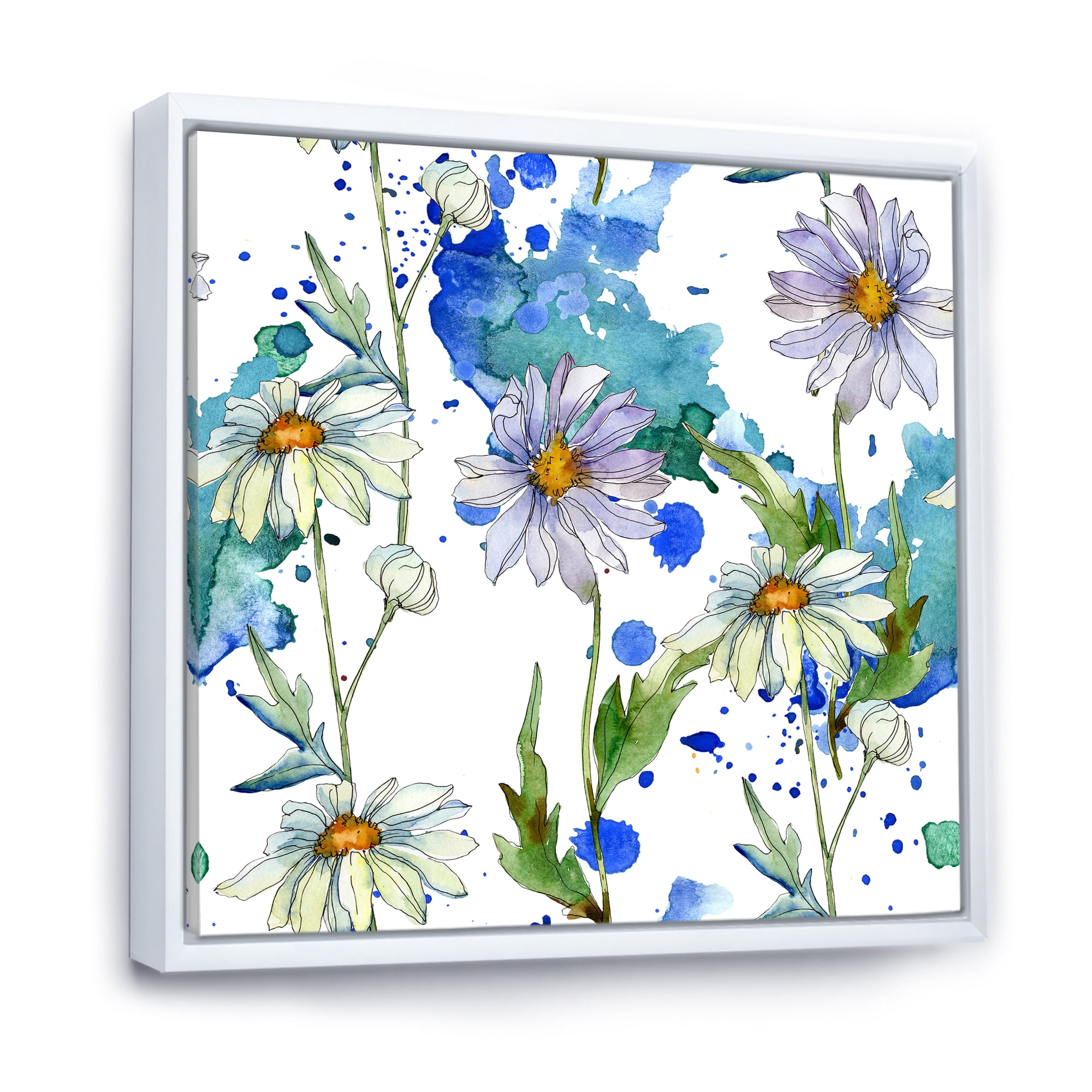 Daisies With Green Leaves and Background 36 in x 36 in Framed Painting Canvas Art Print, by Designart