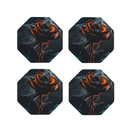 

Junzan Blue and Red Roses Artwork Print Coasters for Drinks - Leather Coasters Set of 4 for Coffee Table for Housewarming/Kitchen/Bar/Decor-Octagon