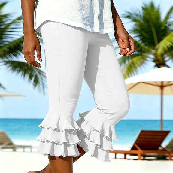 Women’s Layered Ruffle Hem Capri Yoga Pants Solid High Waist Workout Bell Leggings Slim Tummy Control Flare Bottom White S
