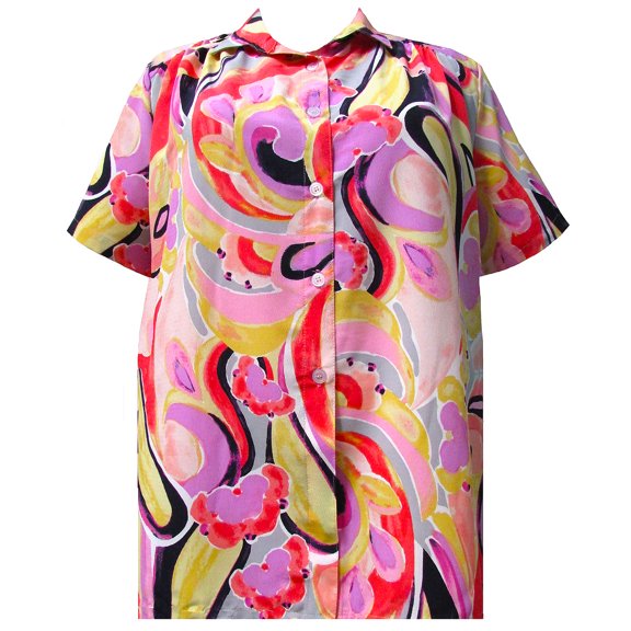 A Personal Touch Women's Plus Size Short Sleeve Button-Front Tunic with Shirring - Melon Abstract - 5x