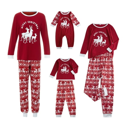 

Christmas Family Pajamas Set Deer Print Long Sleeve Round Collar T-shirt+Trousers/Romper Red