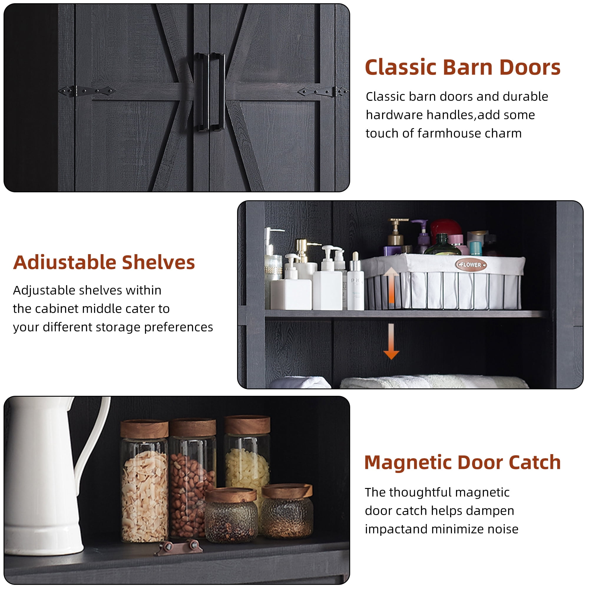 T4TREAM Farmhouse 2-Door Storage Cabinet with Adjustable Shelves and 1 Drawer for Bathroom and Living Room, Black