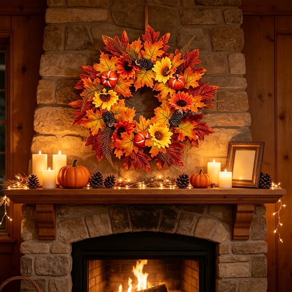Fall Wreaths for Front Door 21 Inch, Halloween Thanksgiving Farmhouse Wreath with Pumpkin & Sunflower, Artificial Plastic Autumn Leaf Decor Indoor Outdoor Weatherproof