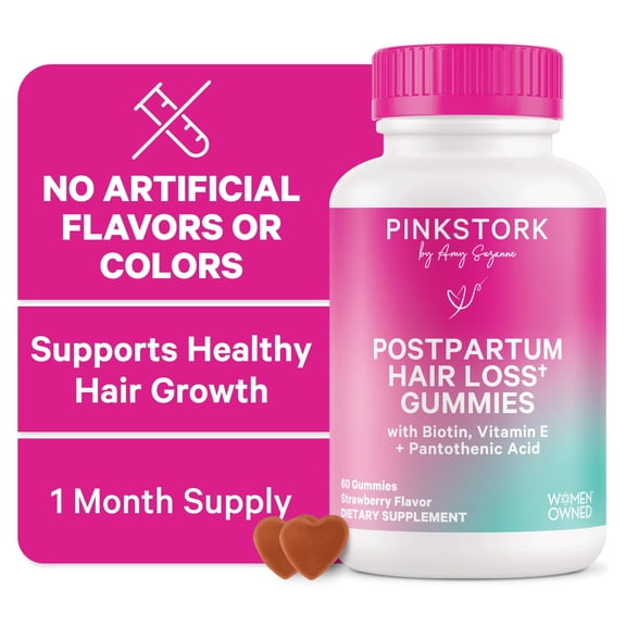 Pink Stork Postpartum Hair Loss Gummies, Biotin Hair Skin Nails Vitamins, 60 Count