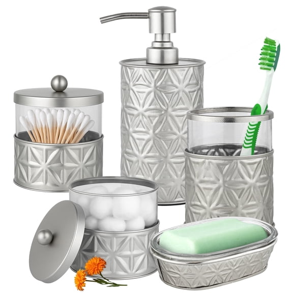 5-Piece Brushed Nickel Bathroom Accessories Set, Metal & Glass, 304 Stainless Steel Pump