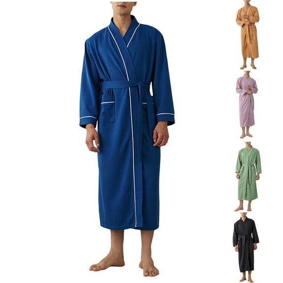 Loopsun Mens Bath Robes, Men's Casual Fashion Solid Color Long Sleeve Tie Waist Pajamas Robes Purple,XL