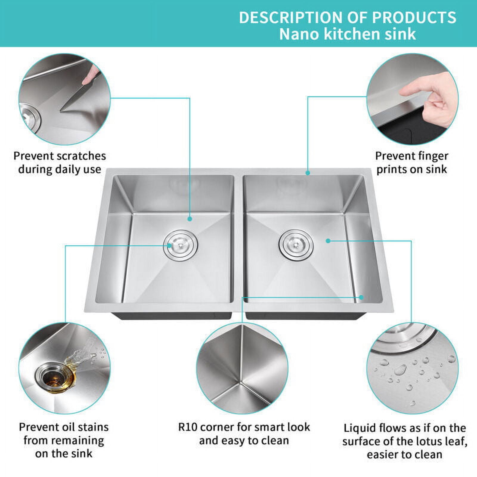 32 in Sunken Kitchen Sink, Double Bowl Sink, Kitchen Double Bowl Sink Basin Under The Table 304 Stainless Steel