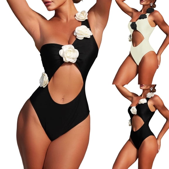 GEWSEY Women's Cut Out One Piece Swimsuit 3D Floral One Shoulder Tummy Control Bathing Suits (Black, M)
