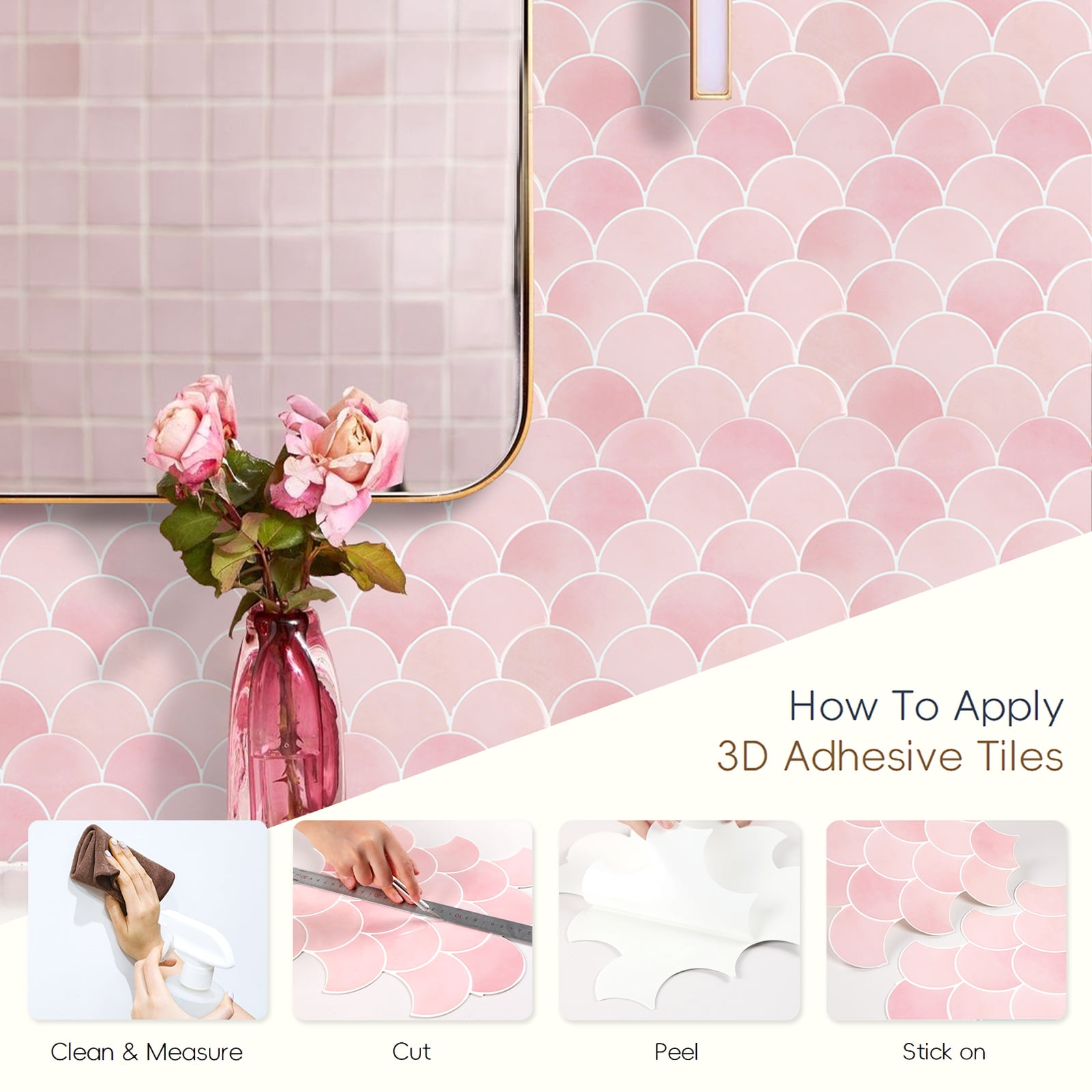Pink Peel and Stick Backsplash Fish Scale Tile, Removable Renter Friendly Backsplash 3D Adhesive Stick on Wall Tiles for Kitchen Bathroom (10 Sheets)