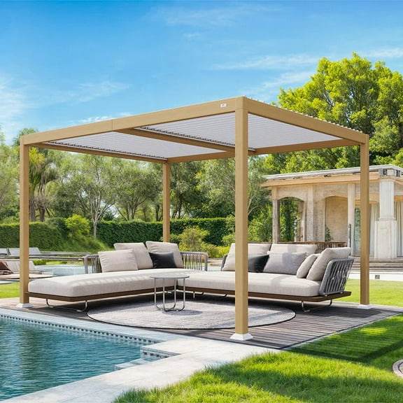 PURPLE LEAF 10' x 12' Patio Louvered Pergola Outdoor Wood Grain Aluminum Pergola with Adjustable Roof Retractable Rainproof Hardtop for Deck Backyard Garden Poolside