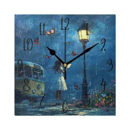 WOBOGO Reading under The Streetlight Wall Clock 7.78 Inch Battery Operated Silent Unit Square Rustic Vintage Style for Home Bedroom Office Black Pointer