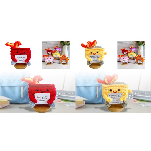 (2-Pack) Rinsvye Emotional Support Dumpster Fire Transformer Ornament Emotional Crochet Dumpster Fire Doll Handmade Dumpster Fire Knitted Doll Cute Crochet Dumpster Fire with Positive Card (Base inc